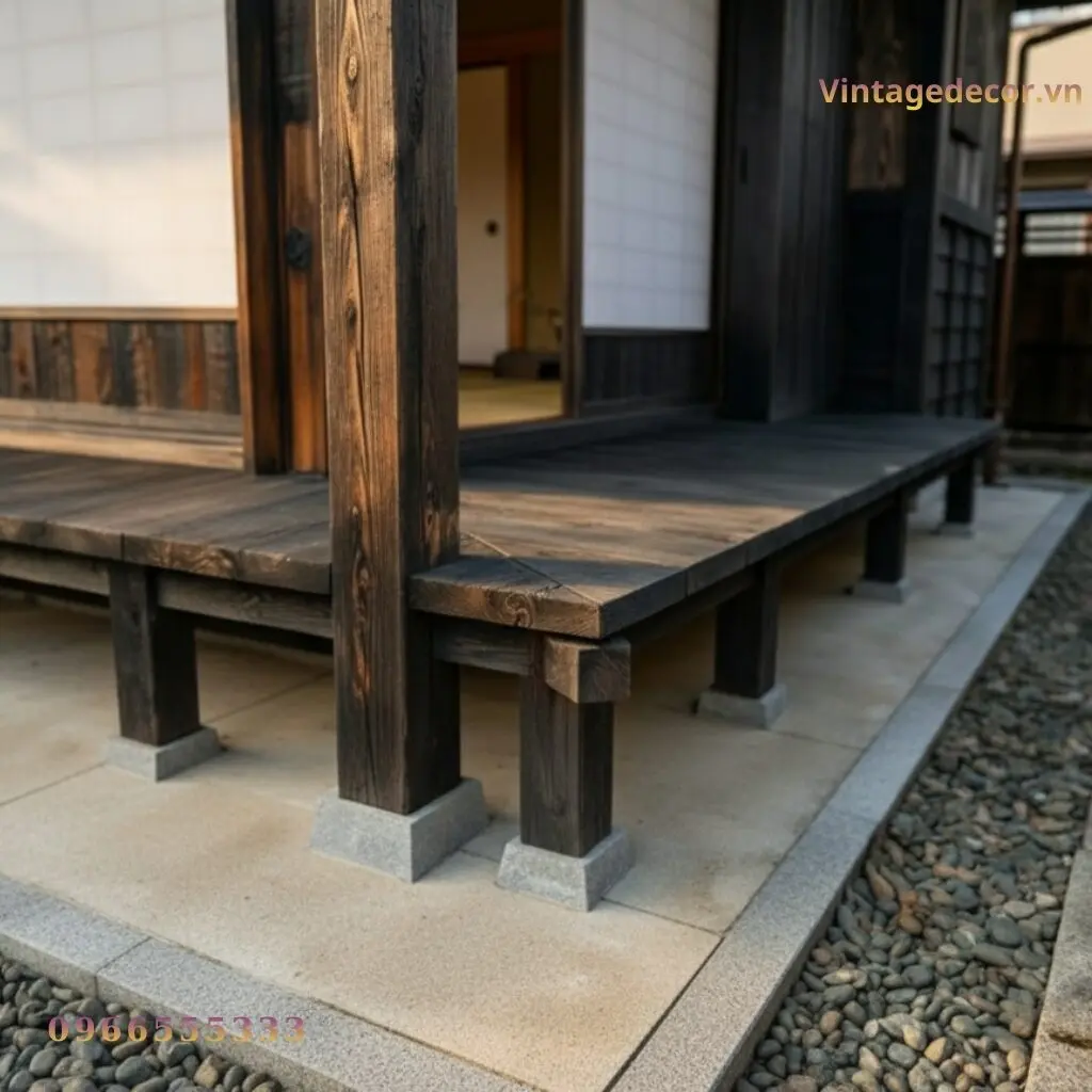 Cận chân hiên nhà gỗ Nhật J2: cột gỗ vuông sẫm màu đứng trên đế đá, dải sỏi đen dọc chân hiên