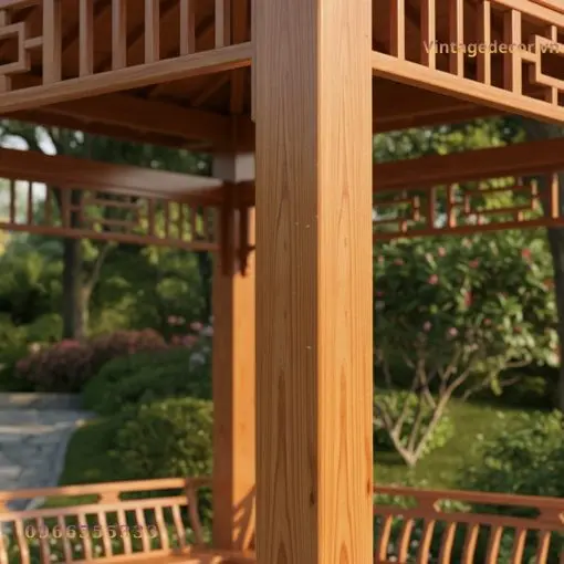 Chòi Gỗ Sân Vườn T3 - Gỗ Thông Tự Nhiên, Mái Ngói Truyền Thống Chòi gỗ T3 – cận cảnh cột vuông vân sáng và hai dải song dưới xà