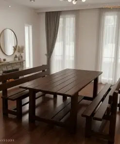 Bộ BG5 trong phòng khách sàn gỗ, rèm trắng phía sau