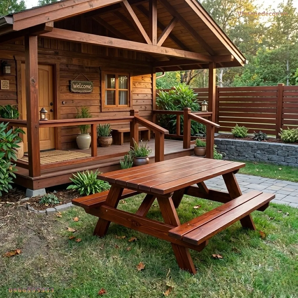 Bàn ghế liền chữ A BG9 nâu đỏ trên cỏ trước hiên nhà gỗ có lan can, cùng tông màu với vách