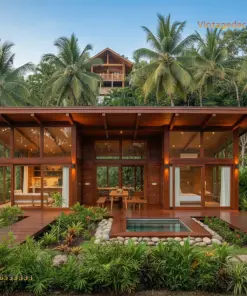 Nhà gỗ homestay S2 – mặt trước chính diện, bể nằm giữa vườn cây, đèn trong nhà bật sáng