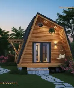 Nhà Gỗ Homestay S3 - Mái Gãy Dáng Chữ A, Hiên Pergola Nhỏ, Gỗ Thông