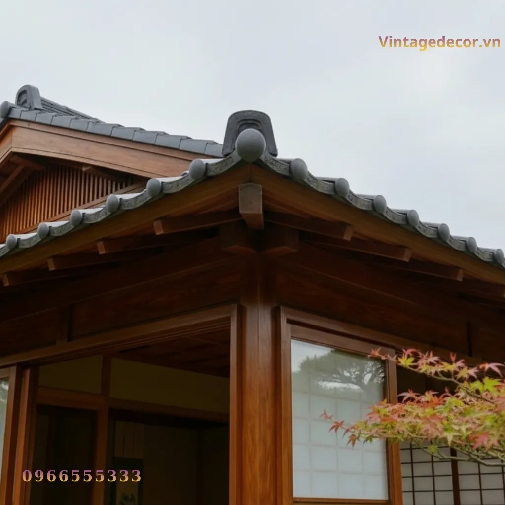 Cận góc mái nhà gỗ Nhật J3: hàng ngói xám đầu tròn ở mép mái, viên ngói lớn chặn đầu nóc, kèo gỗ bên dưới