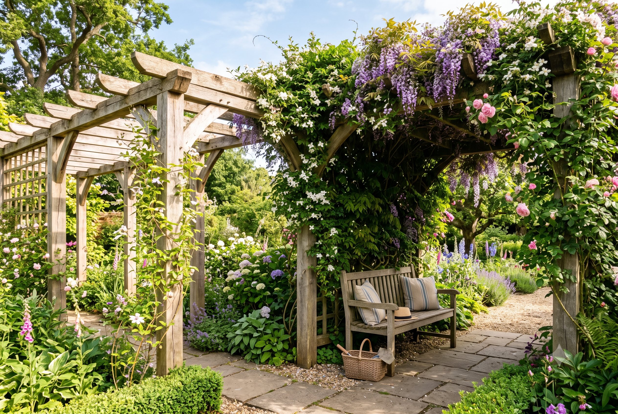 Giàn hoa pergola phủ dây leo hoa tím