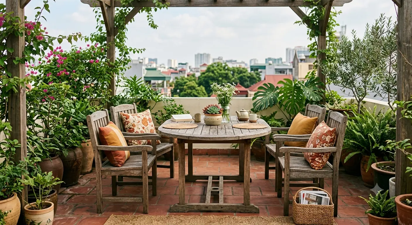 Sân thượng có giàn gỗ và cây xanh, bàn gỗ bầu dục và bốn ghế gỗ có tay vịn, nệm tựa họa tiết, nhìn ra phố