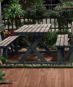 Bàn Ghế Picnic BG13 - Có Tựa Lưng Khung Giằng X, Gỗ Thông