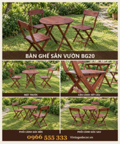 Bàn Ghế Sân Vườn BG20 - Bàn Tròn Hai Ghế Gấp Tựa Nan, Gỗ Thông