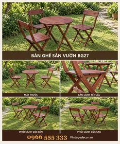 Bàn ghế sân vườn BG27 bàn tròn ba ghế gấp – ảnh ghép mặt trước, kết cấu, góc bên, góc sau