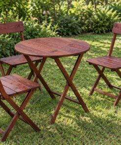 Bàn Ghế Sân Vườn BG20 - Bàn Tròn Hai Ghế Gấp Tựa Nan, Gỗ Thông