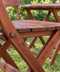 Bàn Ghế Sân Vườn BG20 - Bàn Tròn Hai Ghế Gấp Tựa Nan, Gỗ Thông