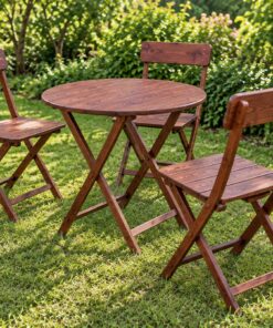 Bàn Ghế Sân Vườn BG20 - Bàn Tròn Hai Ghế Gấp Tựa Nan, Gỗ Thông