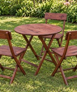 Bàn Ghế Sân Vườn BG20 - Bàn Tròn Hai Ghế Gấp Tựa Nan, Gỗ Thông