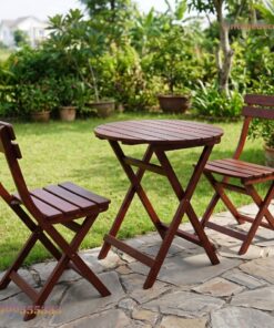 Bàn Ghế Sân Vườn BG20 - Bàn Tròn Ghế Gấp Tựa Nan, Gỗ Thông