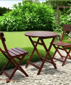 Bàn Ghế Sân Vườn BG20 - Bàn Tròn Ghế Gấp Tựa Nan, Gỗ Thông