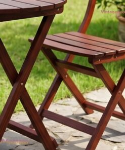 Bàn Ghế Sân Vườn BG20 - Bàn Tròn Ghế Gấp Tựa Nan, Gỗ Thông