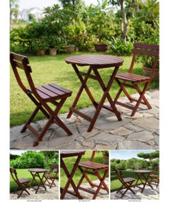 Bàn Ghế Sân Vườn BG20 - Bàn Tròn Ghế Gấp Tựa Nan, Gỗ Thông
