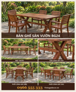 Bàn Ghế Sân Vườn BG24 - Bàn Chân Chữ X Bốn Ghế Tay Vịn, Gỗ Thông