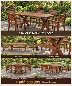 Bàn ghế sân vườn BG28 bàn chân chữ X – ảnh ghép mặt trước, kết cấu, góc bên, góc sau