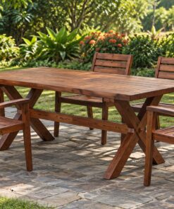 Bàn Ghế Sân Vườn BG24 - Bàn Chân Chữ X Bốn Ghế Tay Vịn, Gỗ Thông