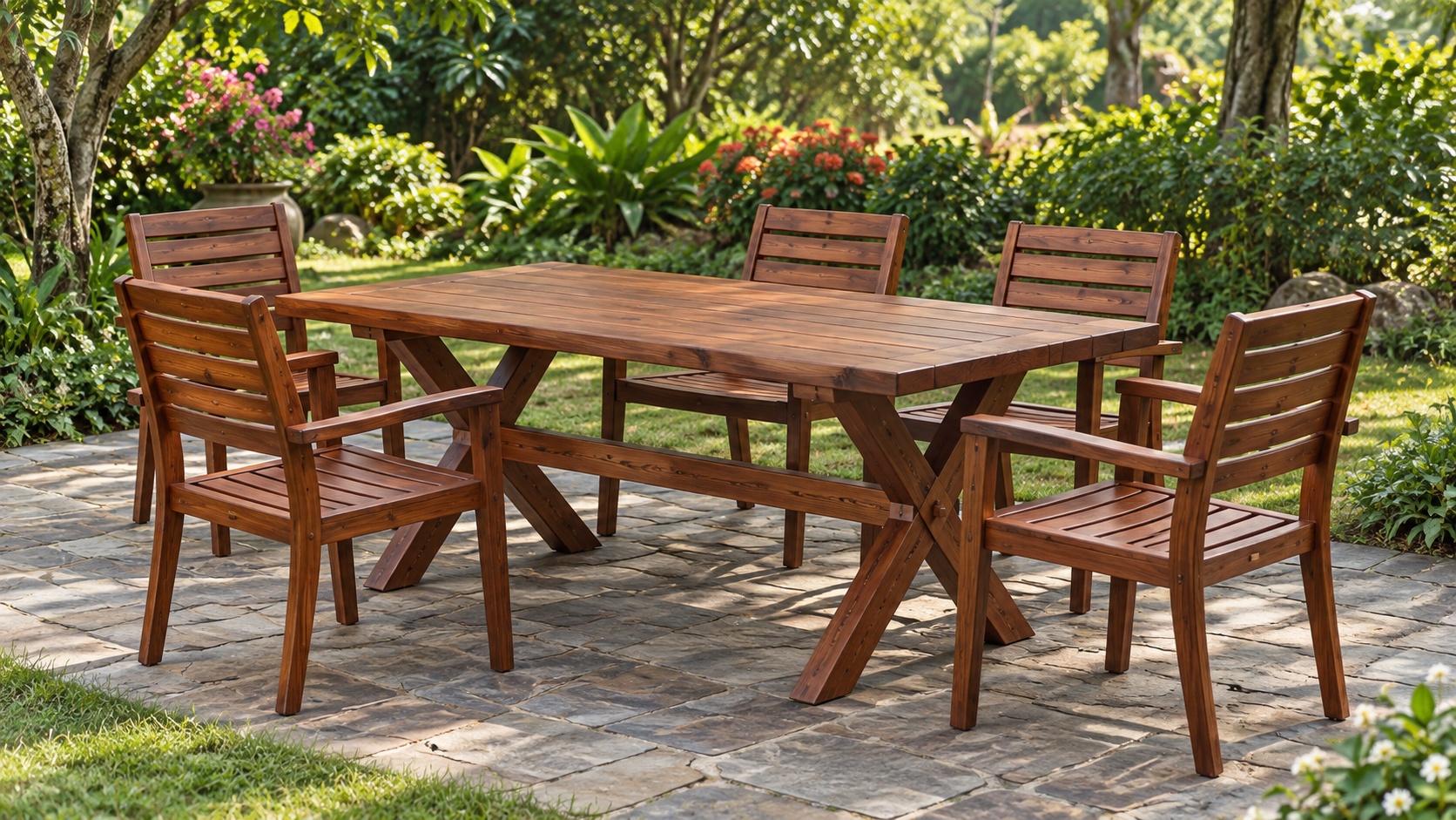 Bàn Ghế Sân Vườn BG24 - Bàn Chân Chữ X Bốn Ghế Tay Vịn, Gỗ Thông Bàn Ghế Sân Vườn BG24 - Bàn Chân Chữ X Bốn Ghế Tay Vịn, Gỗ Thông