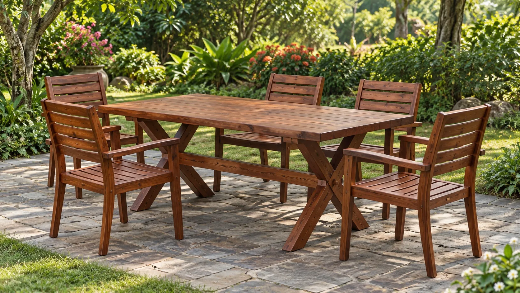 Bàn gỗ dài chân chữ X màu nâu đỏ với bốn ghế gỗ có tay vịn, đặt trên sân lát đá giữa vườn