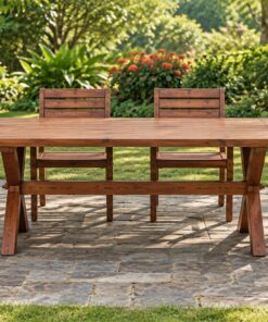 Bàn Ghế Sân Vườn BG24 - Bàn Chân Chữ X Bốn Ghế Tay Vịn, Gỗ Thông