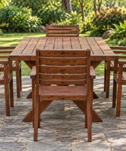 Bàn Ghế Sân Vườn BG24 - Bàn Chân Chữ X Bốn Ghế Tay Vịn, Gỗ Thông