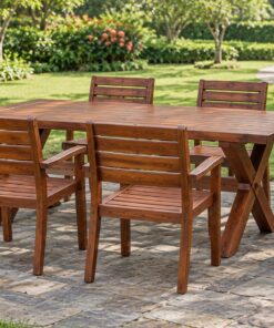 Bàn Ghế Sân Vườn BG24 - Bàn Chân Chữ X Bốn Ghế Tay Vịn, Gỗ Thông