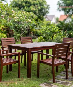 Bàn Ghế Sân Vườn BG24 - Bàn Chữ Nhật Sáu Ghế Tựa Nan, Gỗ Thông