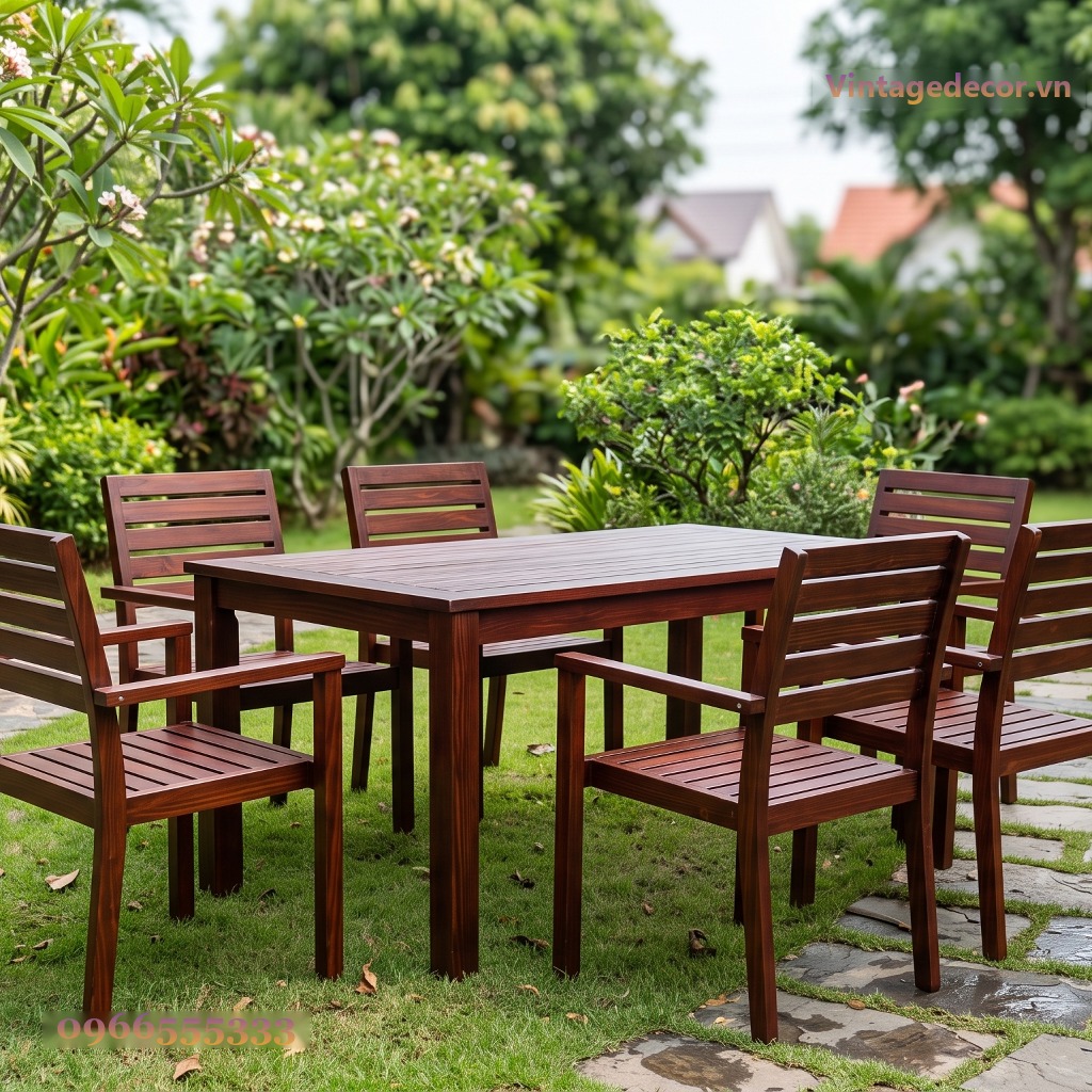 Bàn Ghế Sân Vườn BG24 - Bàn Chữ Nhật Sáu Ghế Tựa Nan, Gỗ Thông Bàn Ghế Sân Vườn BG24 - Bàn Chữ Nhật Sáu Ghế Tựa Nan, Gỗ Thông