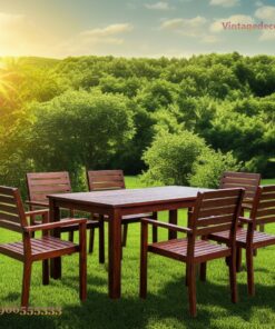 Bàn Ghế Sân Vườn BG24 - Bàn Chữ Nhật Sáu Ghế Tựa Nan, Gỗ Thông