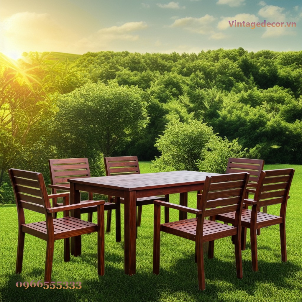 Bàn Ghế Sân Vườn BG24 - Bàn Chữ Nhật Sáu Ghế Tựa Nan, Gỗ Thông Bàn Ghế Sân Vườn BG24 - Bàn Chữ Nhật Sáu Ghế Tựa Nan, Gỗ Thông