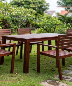 Bàn Ghế Sân Vườn BG24 - Bàn Chữ Nhật Sáu Ghế Tựa Nan, Gỗ Thông