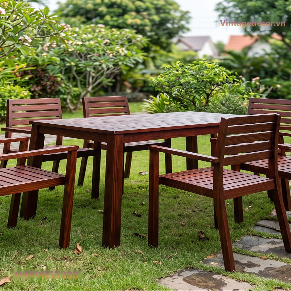 Bàn Ghế Sân Vườn BG24 - Bàn Chữ Nhật Sáu Ghế Tựa Nan, Gỗ Thông Bàn Ghế Sân Vườn BG24 - Bàn Chữ Nhật Sáu Ghế Tựa Nan, Gỗ Thông
