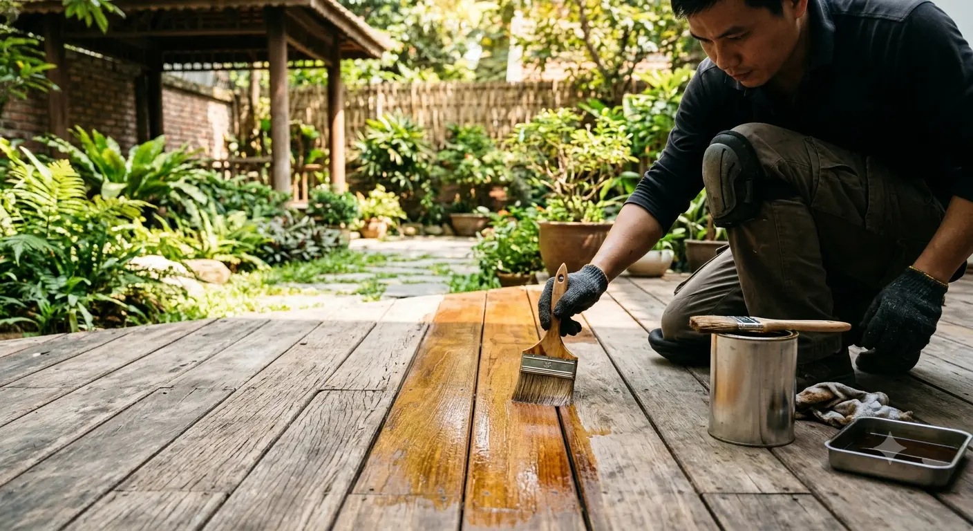Cách bảo dưỡng đồ gỗ ngoài trời: chòi, pergola, bàn ghế, cổng, sàn gỗ