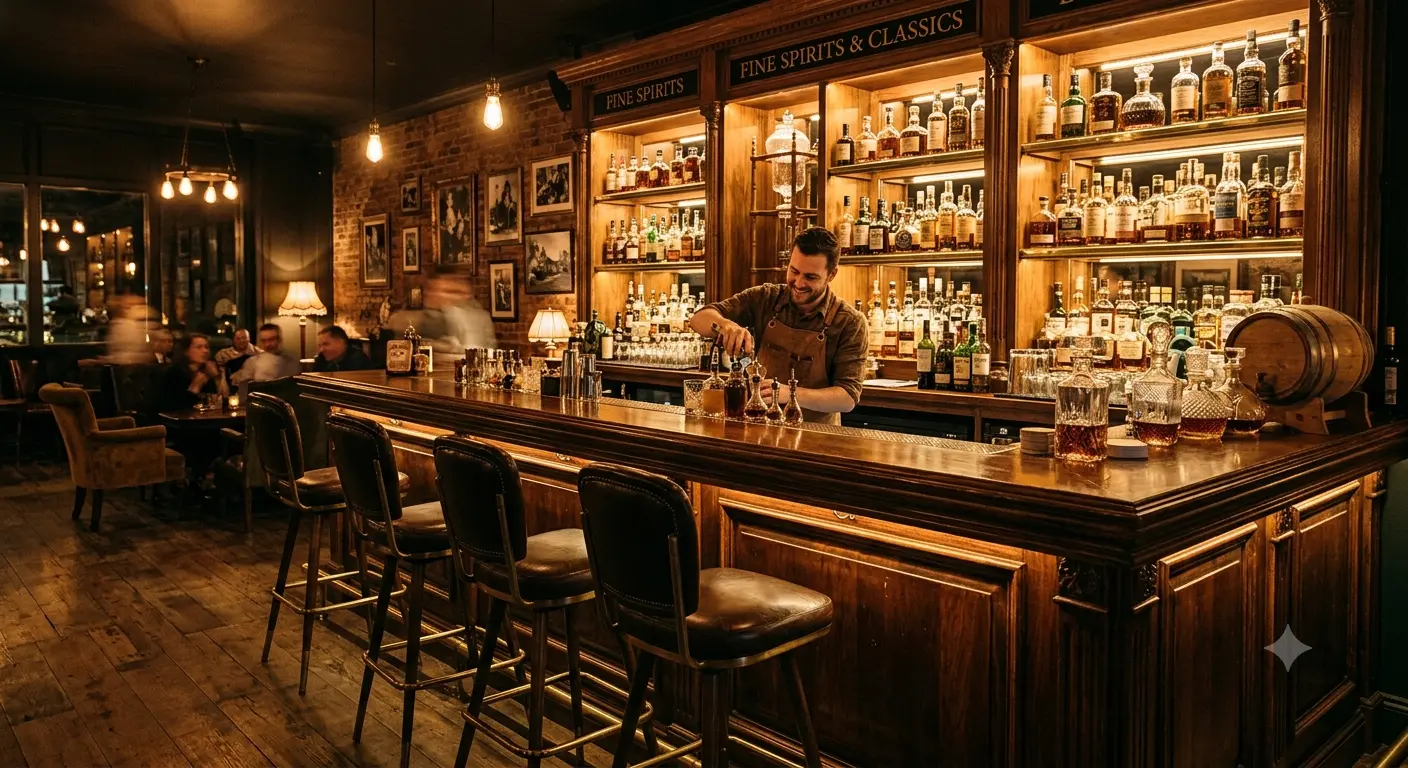 Quầy bar gỗ tối màu dài, ghế bar bọc da, sau quầy là vách kệ chai rượu mạnh sáng đèn, người pha chế đứng trong quầy