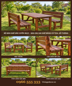 Bộ Bàn Ghế Sân Vườn BG23 - Bàn Dài Hai Ghế Băng Có Tựa, Gỗ Thông