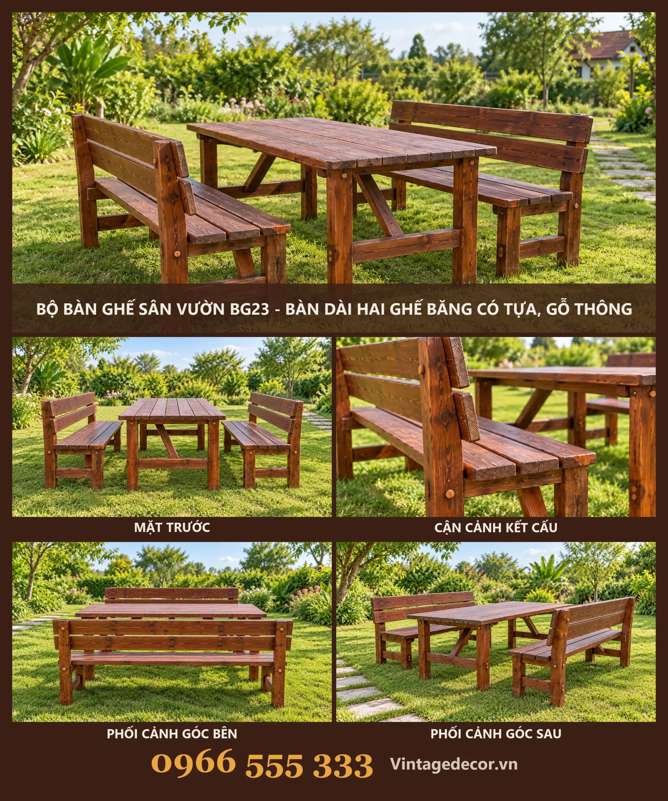 Bộ Bàn Ghế Sân Vườn BG23 Hai Ghế Băng Có Tựa