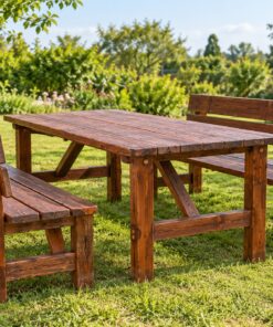 Bộ Bàn Ghế Sân Vườn BG23 - Bàn Dài Hai Ghế Băng Có Tựa, Gỗ Thông