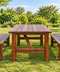 Bộ Bàn Ghế Sân Vườn BG23 - Bàn Dài Hai Ghế Băng Có Tựa, Gỗ Thông