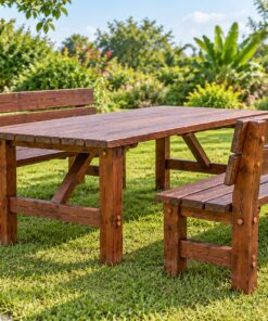 Bộ Bàn Ghế Sân Vườn BG23 - Bàn Dài Hai Ghế Băng Có Tựa, Gỗ Thông