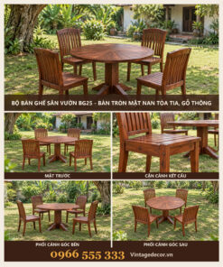 Bộ Bàn Ghế Sân Vườn BG25 - Bàn Tròn Mặt Nan Tỏa Tia, Gỗ Thông