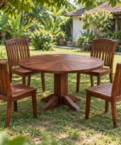 Bộ Bàn Ghế Sân Vườn BG25 - Bàn Tròn Mặt Nan Tỏa Tia, Gỗ Thông