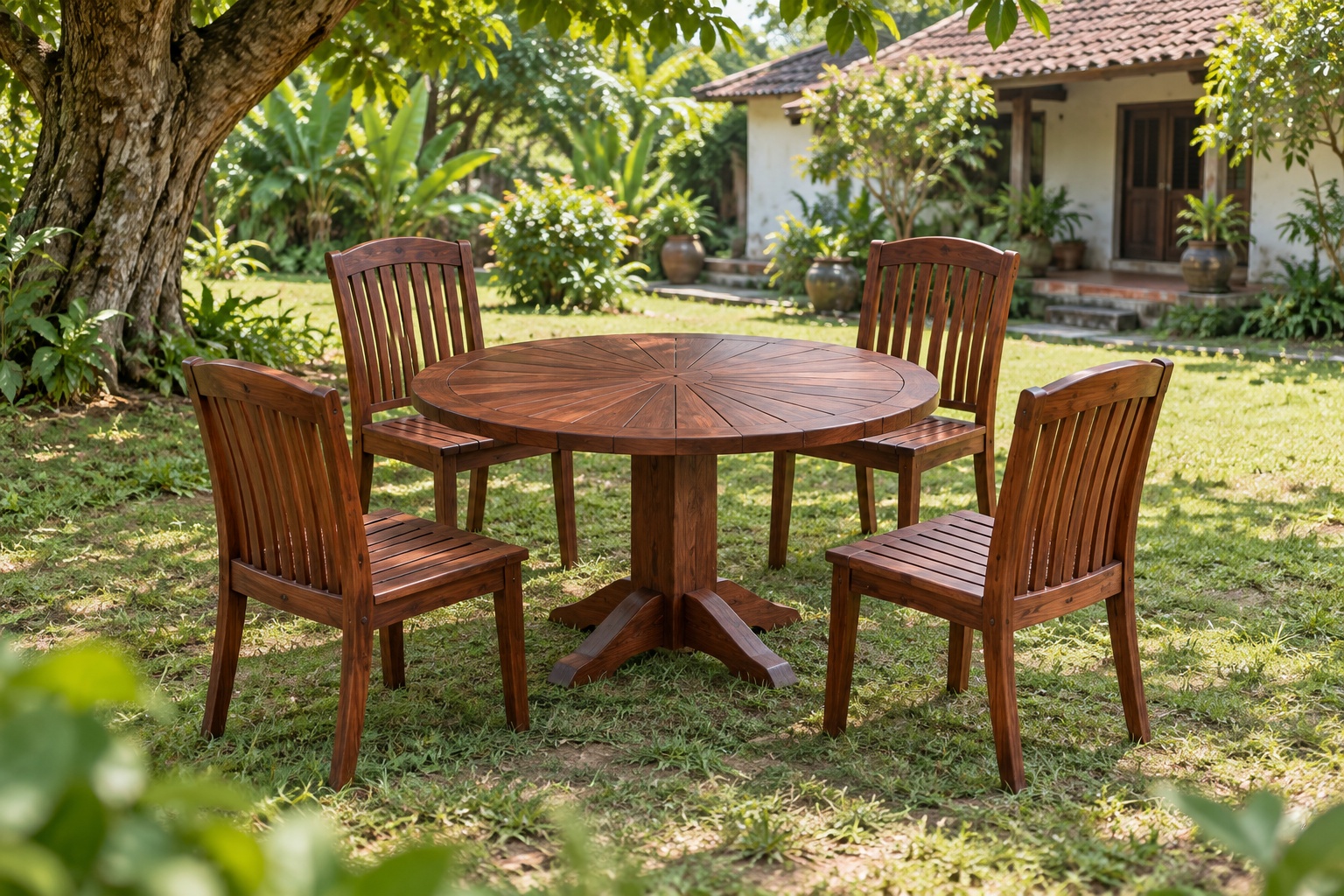 Bộ Bàn Ghế Sân Vườn BG25 - Bàn Tròn Mặt Nan Tỏa Tia, Gỗ Thông Bộ Bàn Ghế Sân Vườn BG25 - Bàn Tròn Mặt Nan Tỏa Tia, Gỗ Thông