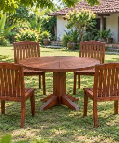 Bộ Bàn Ghế Sân Vườn BG25 - Bàn Tròn Mặt Nan Tỏa Tia, Gỗ Thông