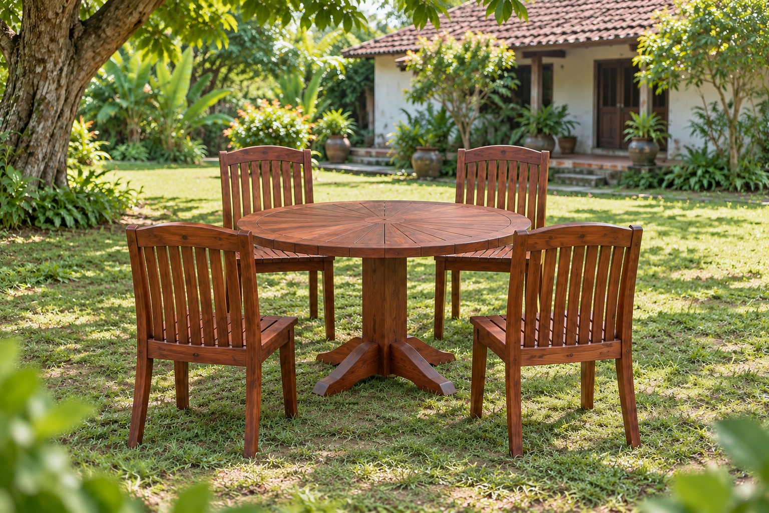 Bộ Bàn Ghế Sân Vườn BG25 - Bàn Tròn Mặt Nan Tỏa Tia, Gỗ Thông Bộ Bàn Ghế Sân Vườn BG25 - Bàn Tròn Mặt Nan Tỏa Tia, Gỗ Thông