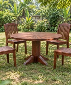 Bộ Bàn Ghế Sân Vườn BG25 - Bàn Tròn Mặt Nan Tỏa Tia, Gỗ Thông