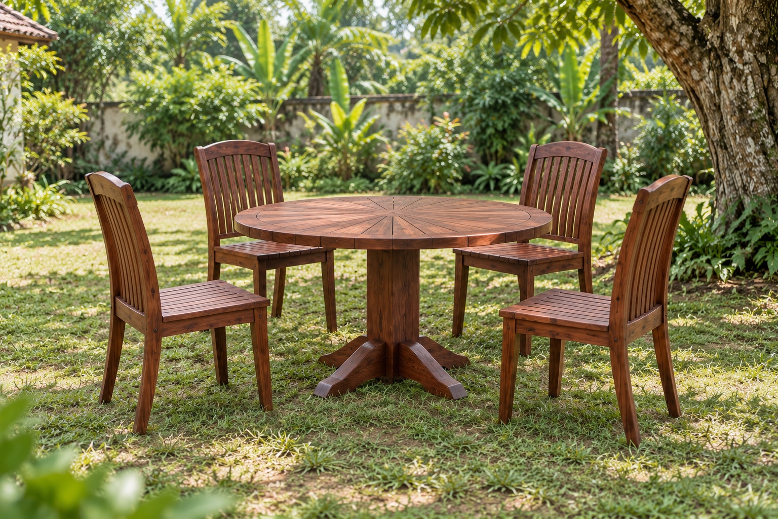 Bộ Bàn Ghế Sân Vườn BG25 - Bàn Tròn Mặt Nan Tỏa Tia, Gỗ Thông Bộ Bàn Ghế Sân Vườn BG25 - Bàn Tròn Mặt Nan Tỏa Tia, Gỗ Thông