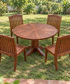 Bộ Bàn Ghế Sân Vườn BG25 - Bàn Tròn Mặt Nan Tỏa Tia, Gỗ Thông