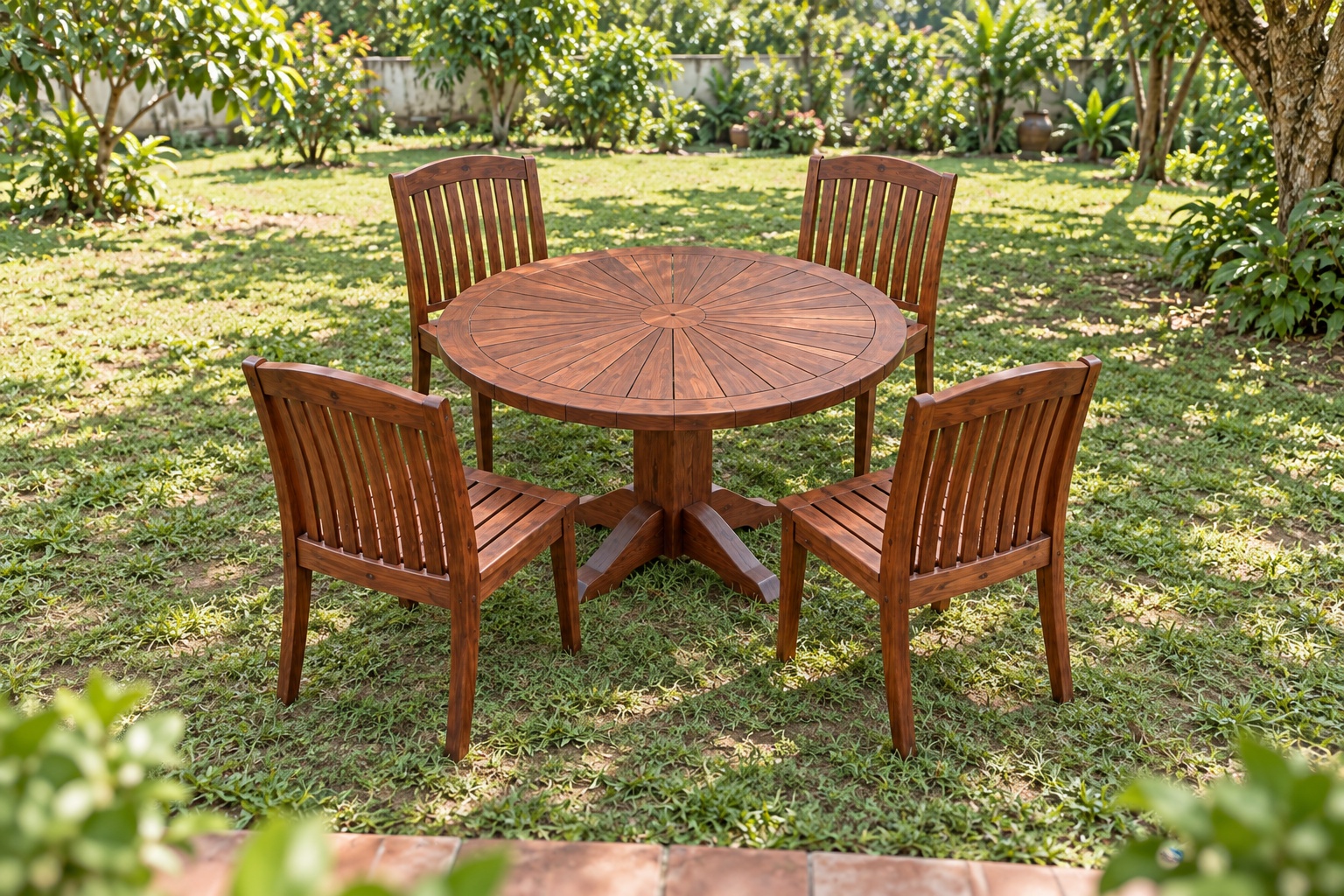 Bộ Bàn Ghế Sân Vườn BG25 - Bàn Tròn Mặt Nan Tỏa Tia, Gỗ Thông Bộ Bàn Ghế Sân Vườn BG25 - Bàn Tròn Mặt Nan Tỏa Tia, Gỗ Thông